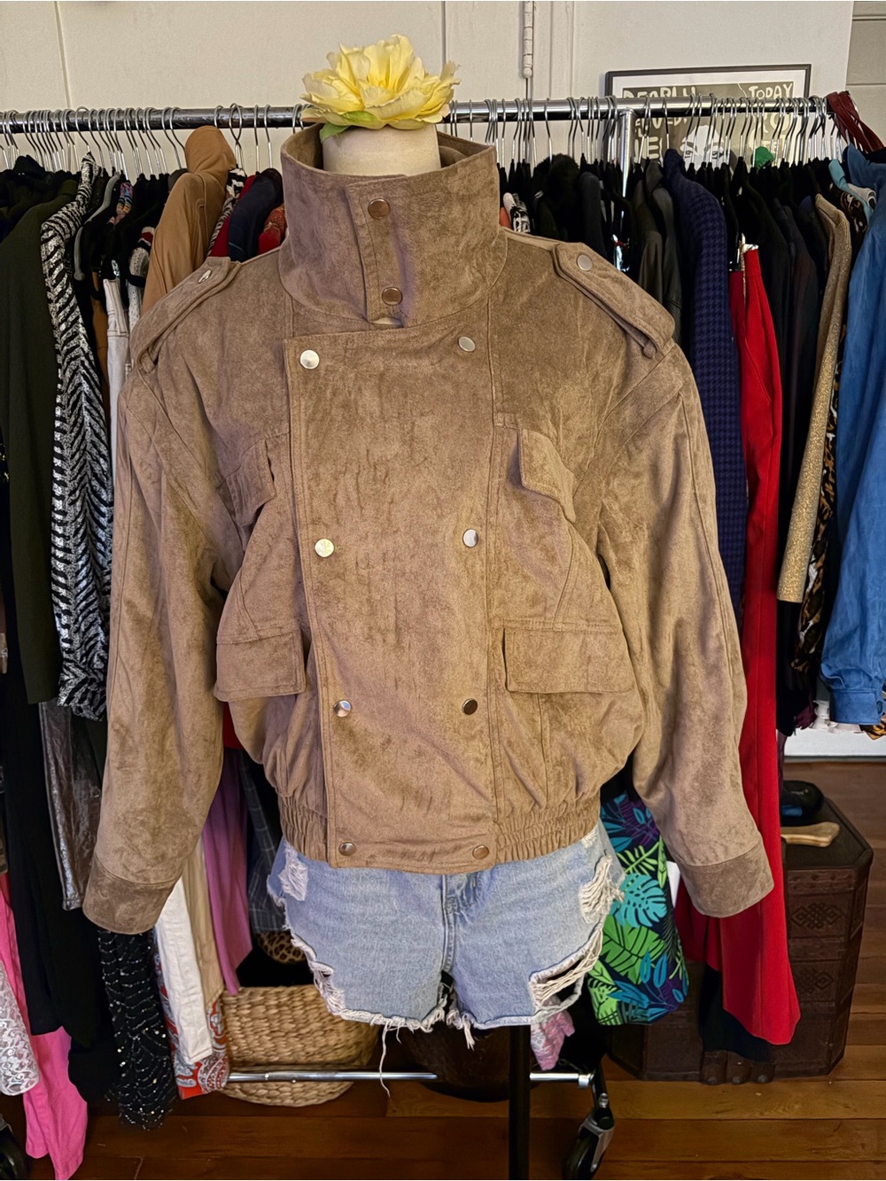 Vintage Genuine Suede Utility Bomber Jacket Taupe Medium